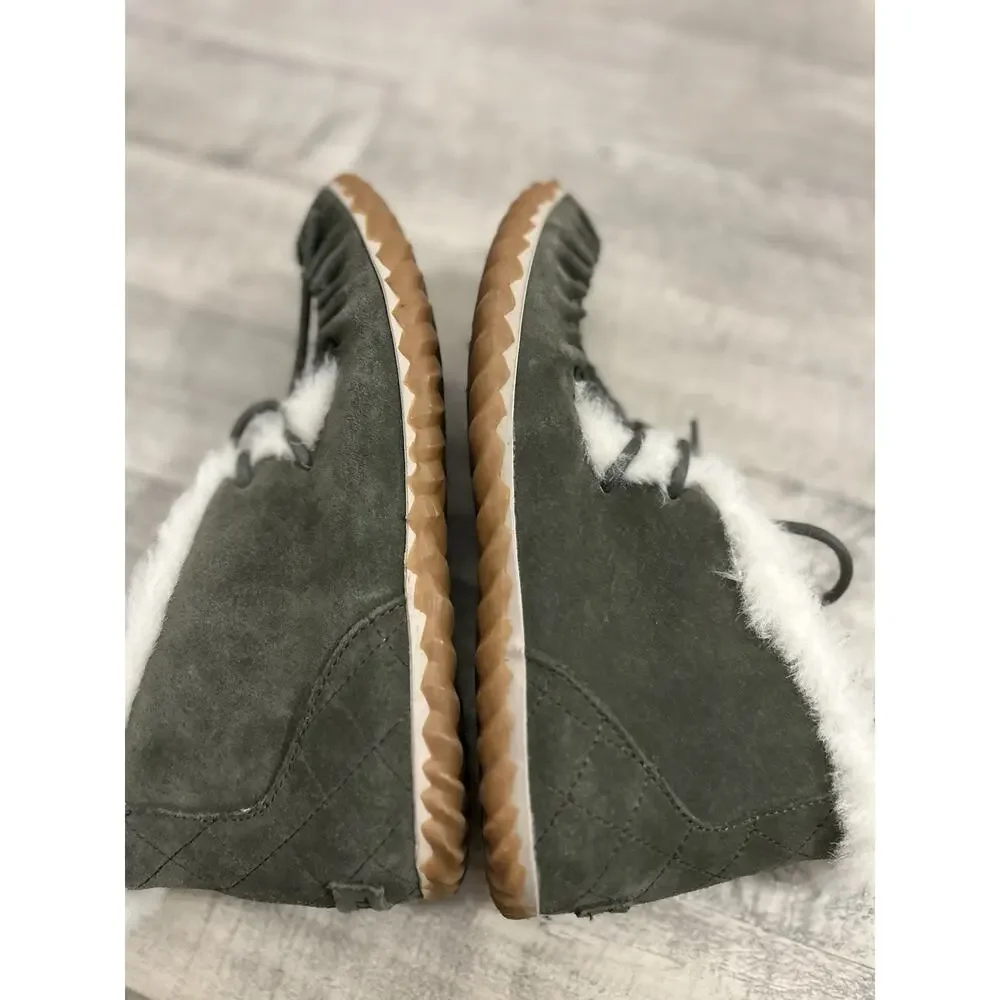 Sorel Womens 7.5 Out N About Moc Olive Green Suede Faux Shearling Lined Moccasin